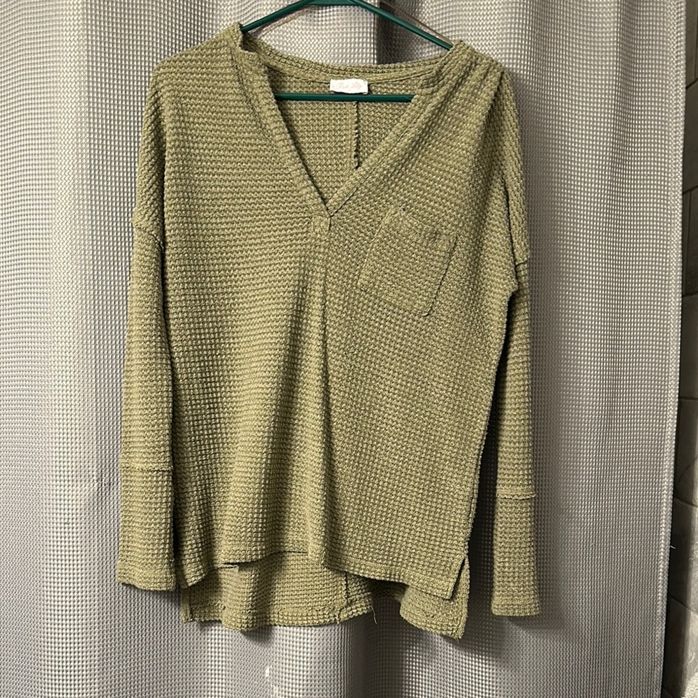 Olive Green Waffle Knit V-Neck Sweater